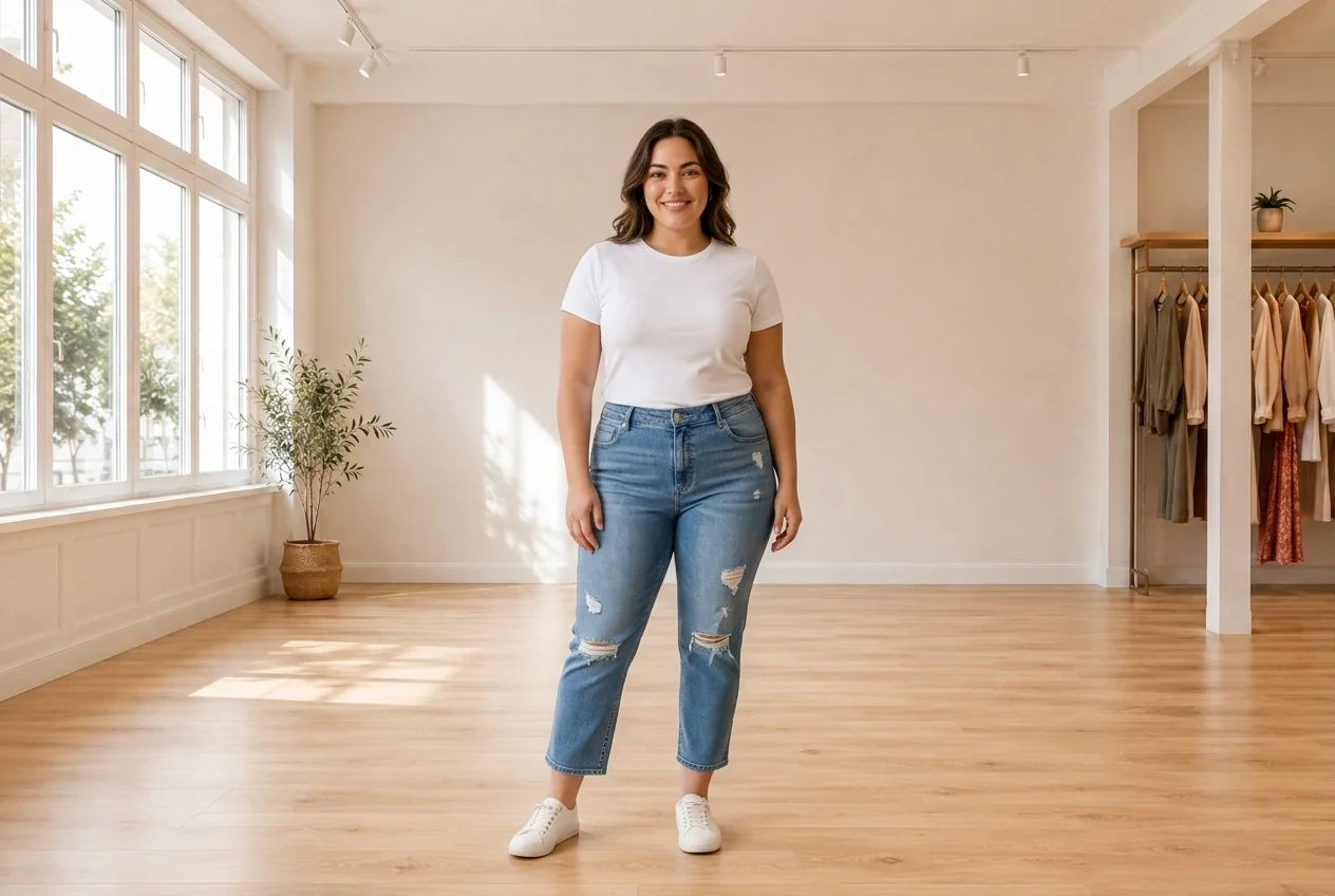 Model wearing Women's Plus 0X Pants Women's Plus TrendyRipped Ankle Jeans in Online Warehouse Sale boutique studio