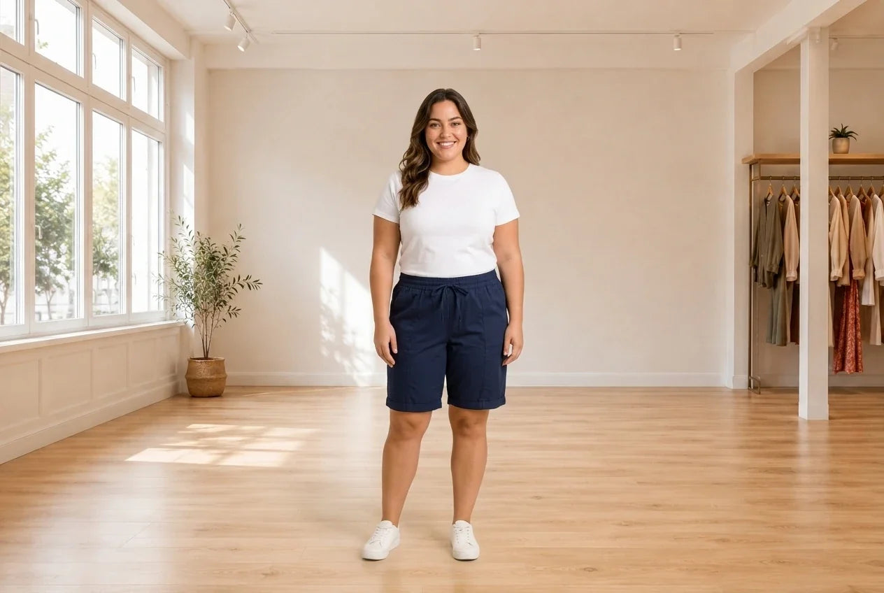 Model wearing Women's Plus 0X Shorts Women's Plus Drawstring Shorts in Online Warehouse Sale boutique studio