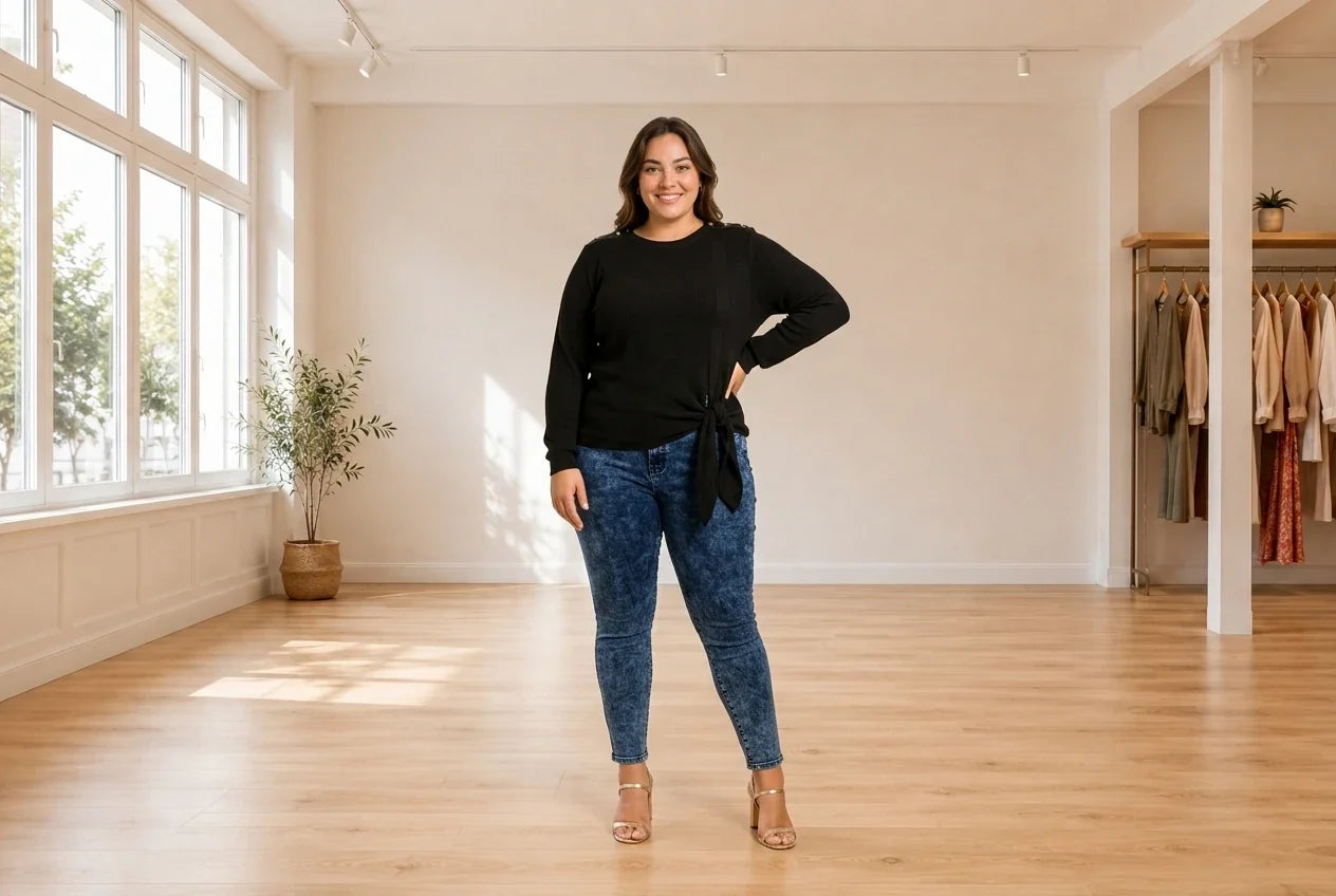 Model wearing Women's Plus 0X Sweaters and Cardigans Women's Plus Trendy Royal Sweater in Online Warehouse Sale boutique studio