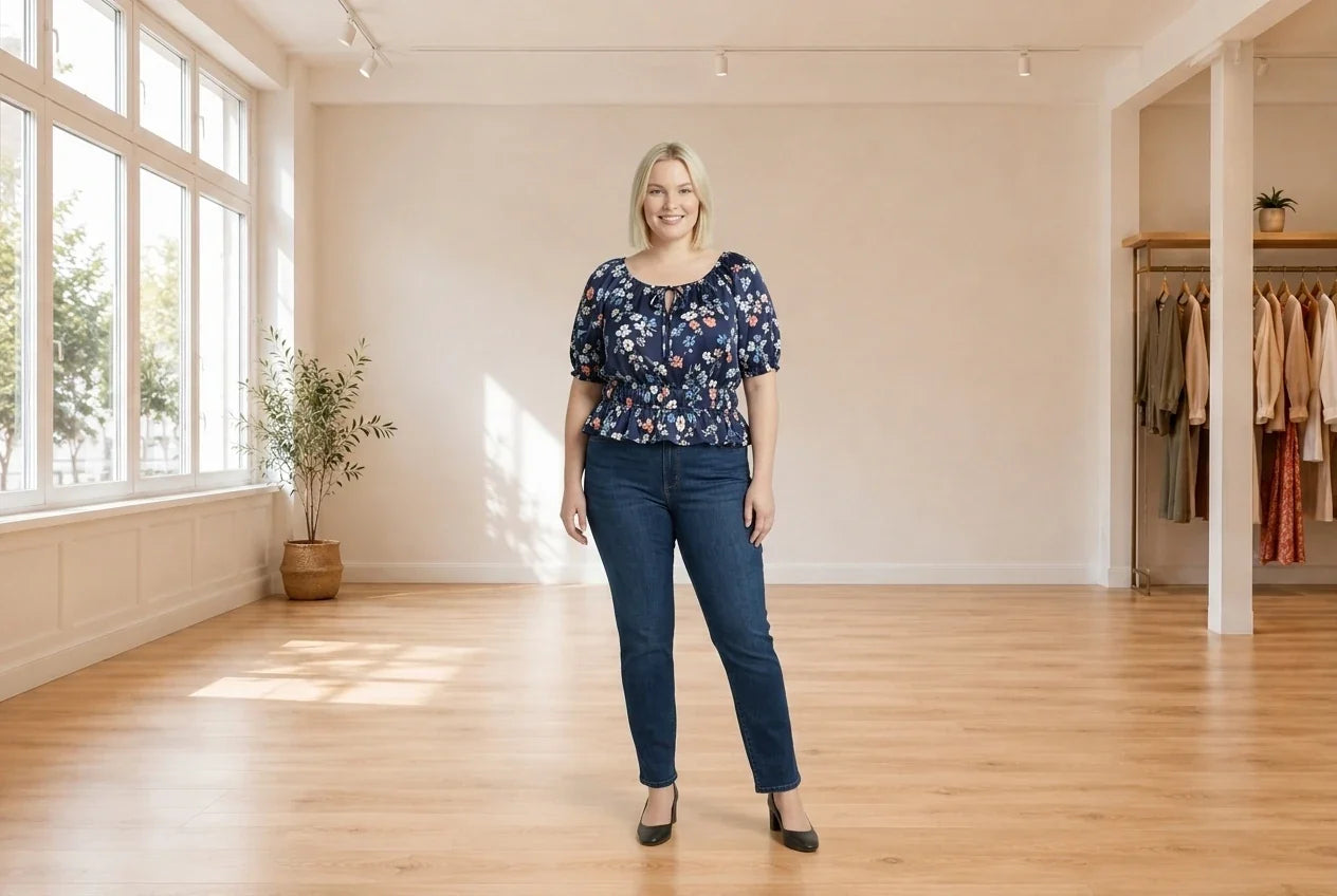 Model wearing Women's Plus 1X Blouses Women's Plus Trendy Floral-Print Cropped Blouse in Online Warehouse Sale boutique studio