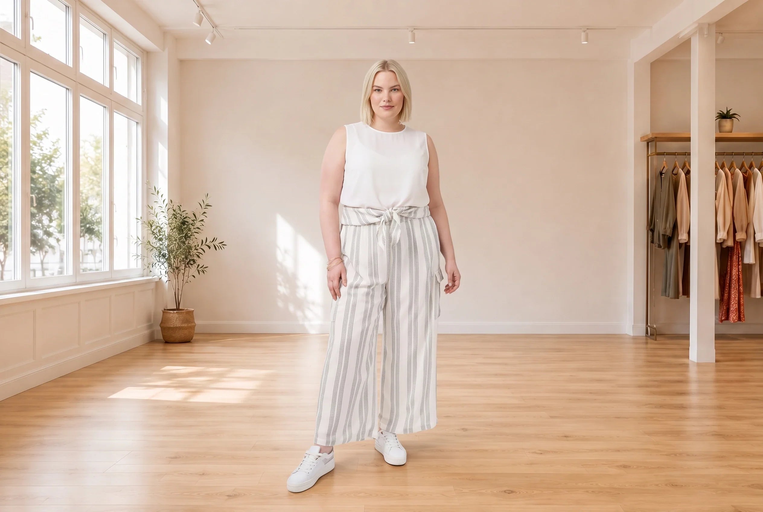 A woman stands in a bright, minimalist studio with wood floors and large windows, wearing a white short-sleeve t-shirt, blue denim shorts, and white sneakers.