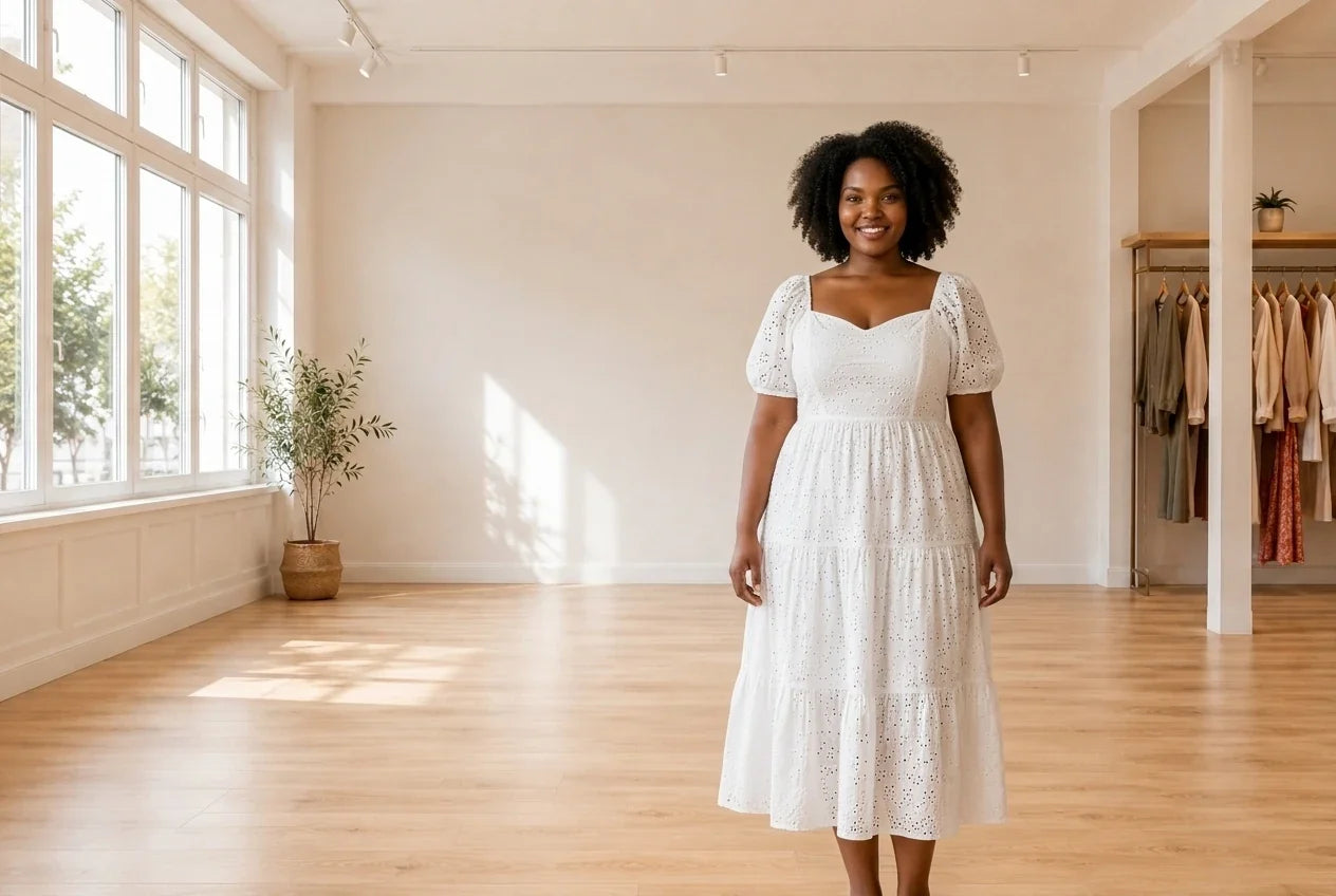 Model wearing Women's Plus 1X Dresses Women's Plus Eyelet Midi Dress in Online Warehouse Sale boutique studio