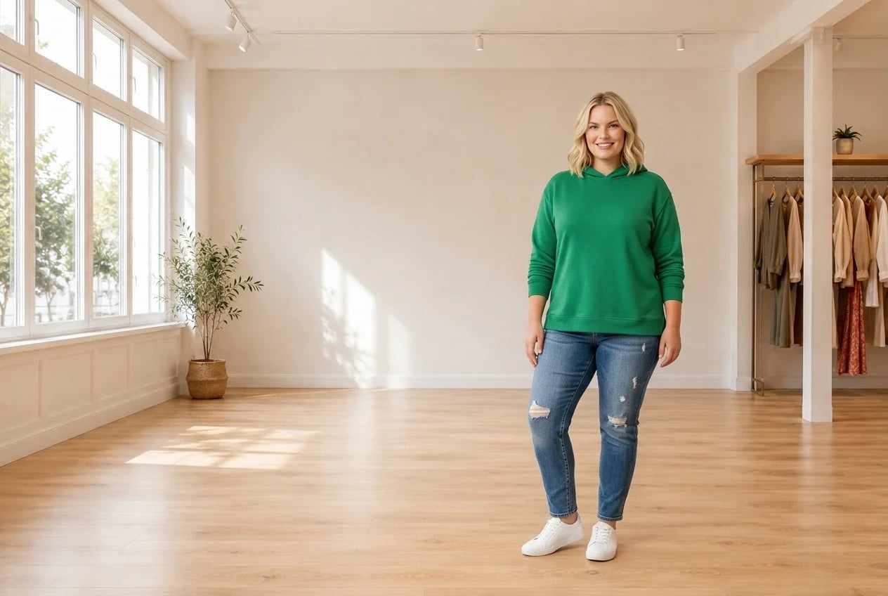 Model wearing Women's Plus 1X Hoodies and Sweatshirts Women's Plus Hoodie in Online Warehouse Sale boutique studio