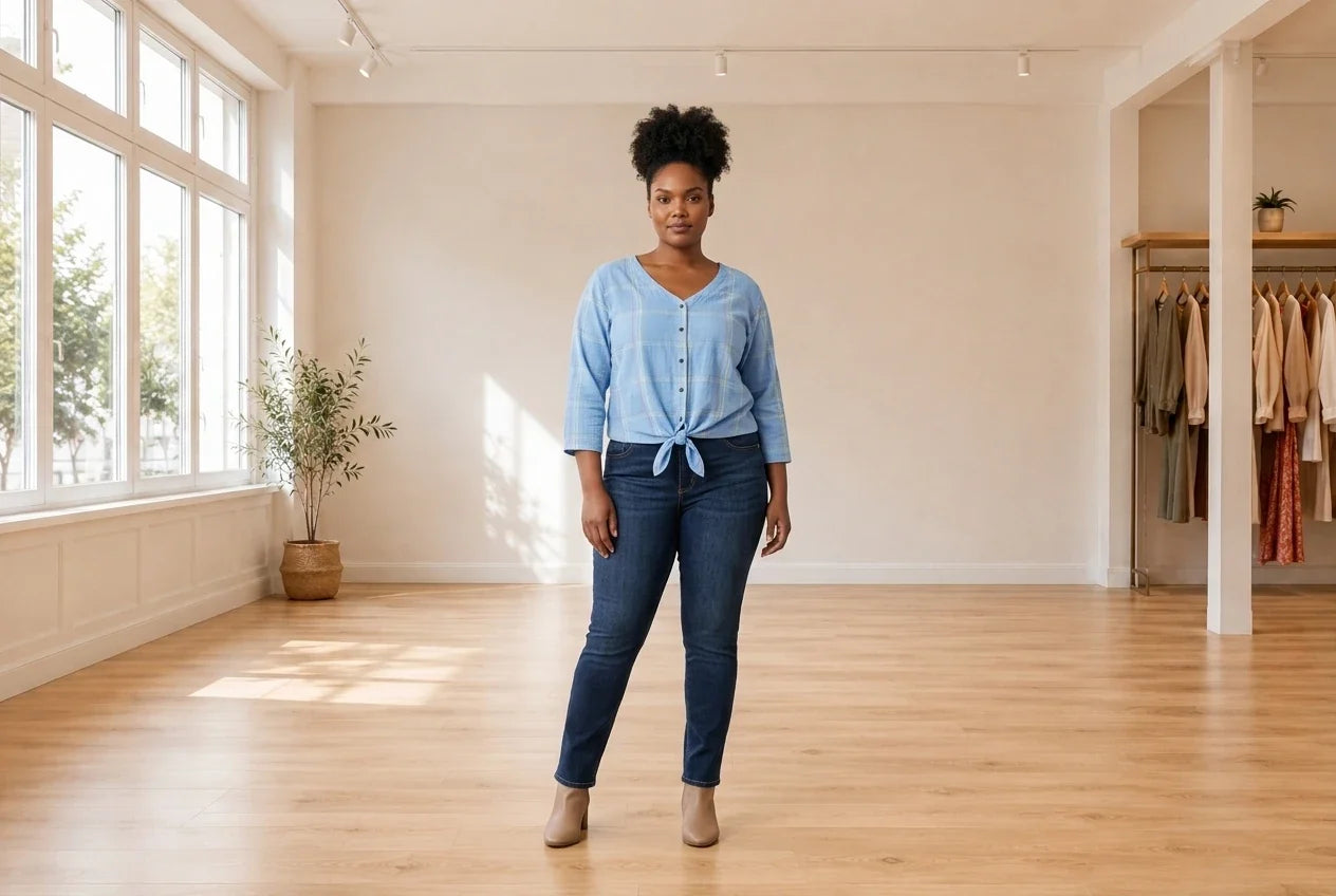 Model wearing Women's Plus 1X Shirts and Blouses Women's Plus Plaid Tie-Front Shirt in Online Warehouse Sale boutique studio