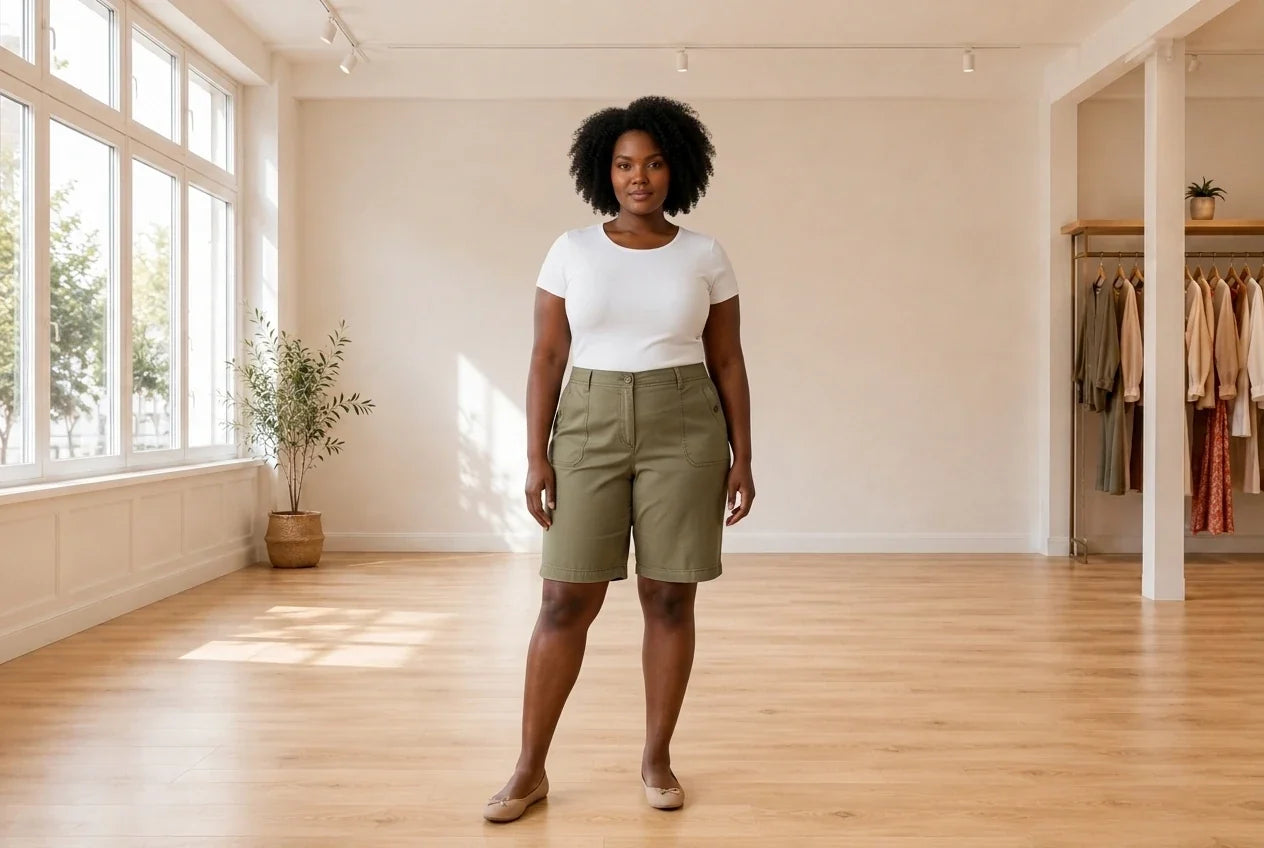Model wearing Women's Plus 1X Shorts Women's Plus Top-Stitched Shorts in Online Warehouse Sale boutique studio