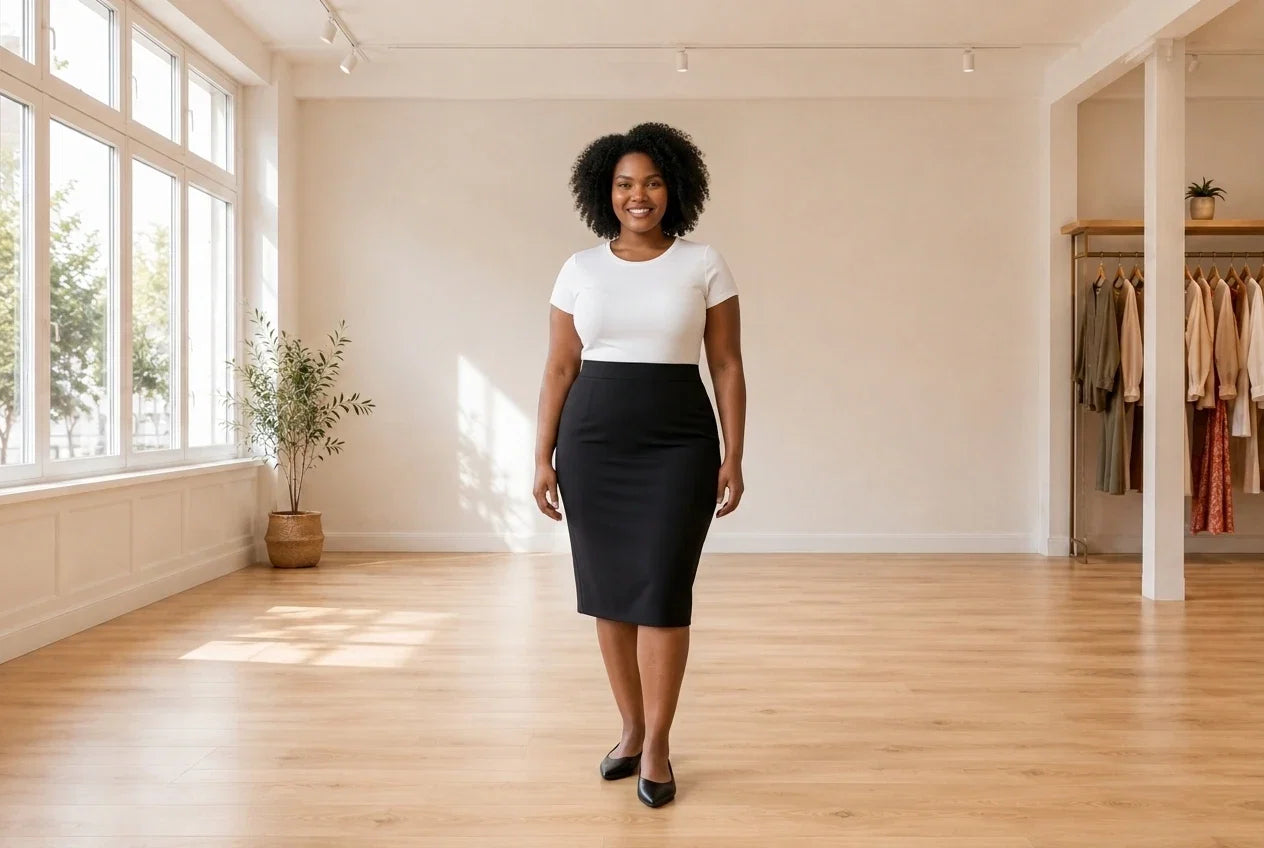 Model wearing Women's Plus 1X Skirts Women's Plus Pencil Skirt in Online Warehouse Sale boutique studio