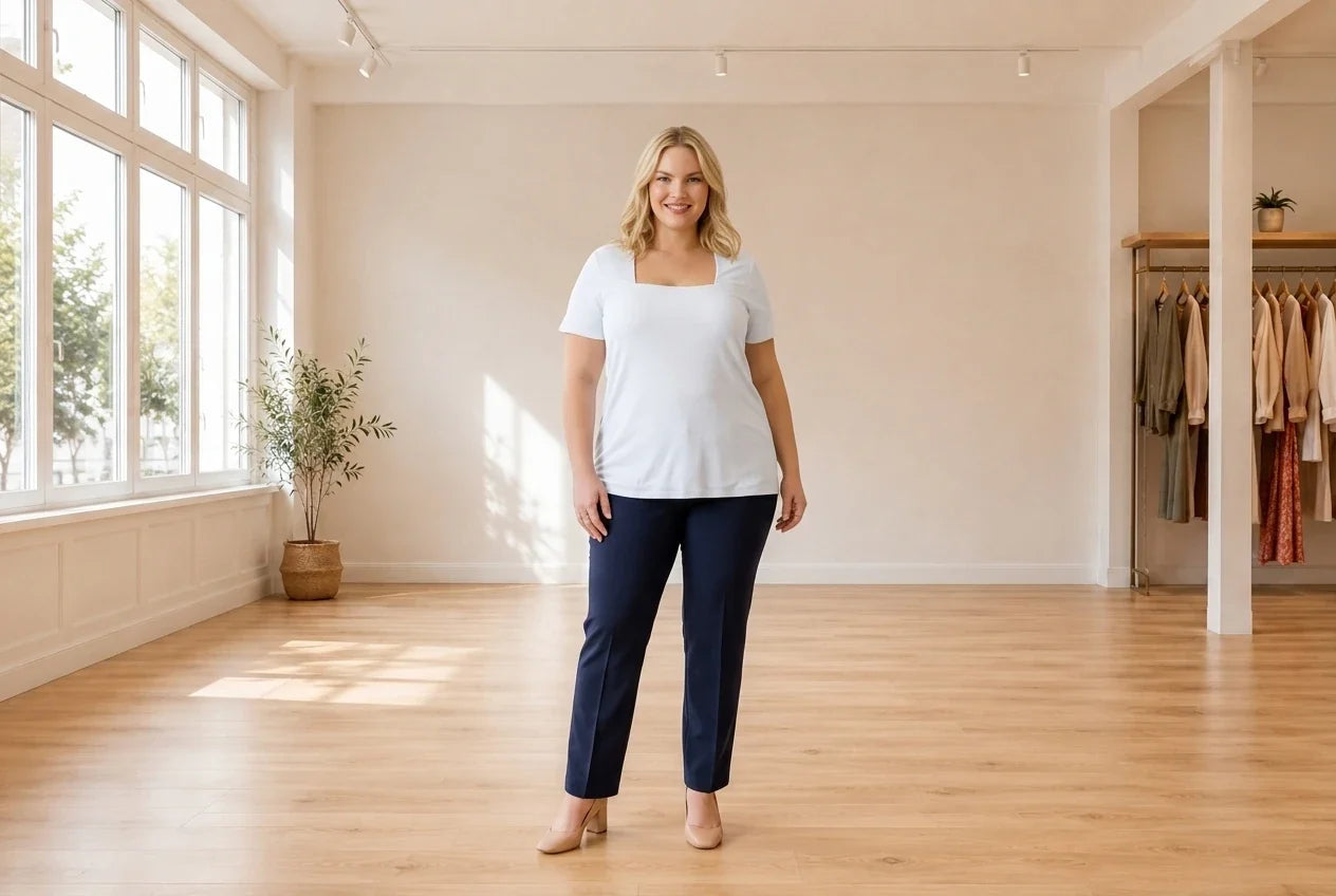 Model wearing Women's Plus 1X Tops Women's Plus Square-Neck Ribbed Top in Online Warehouse Sale boutique studio