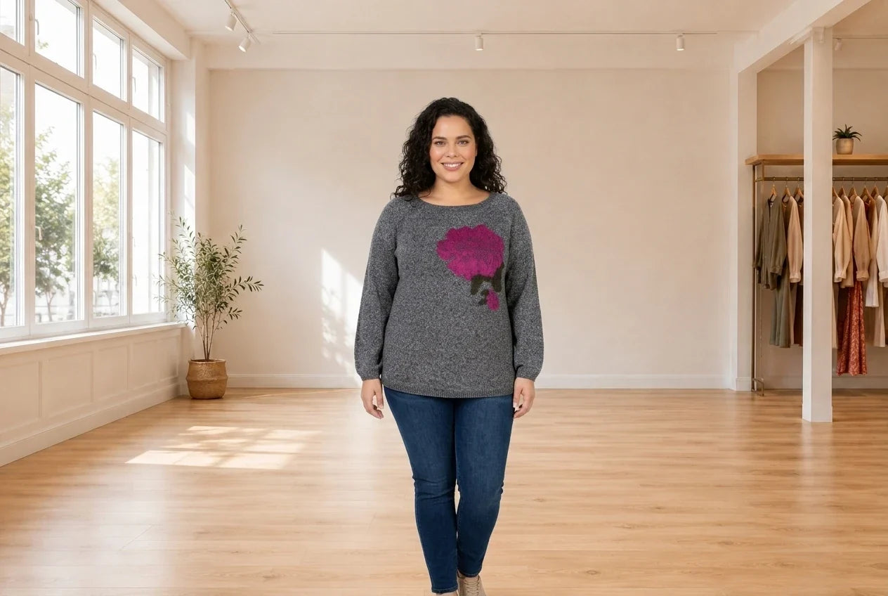 Model wearing Women's Plus 2X Cardigans Women's Plus Jacquard Floral Sweater in Online Warehouse Sale boutique studio