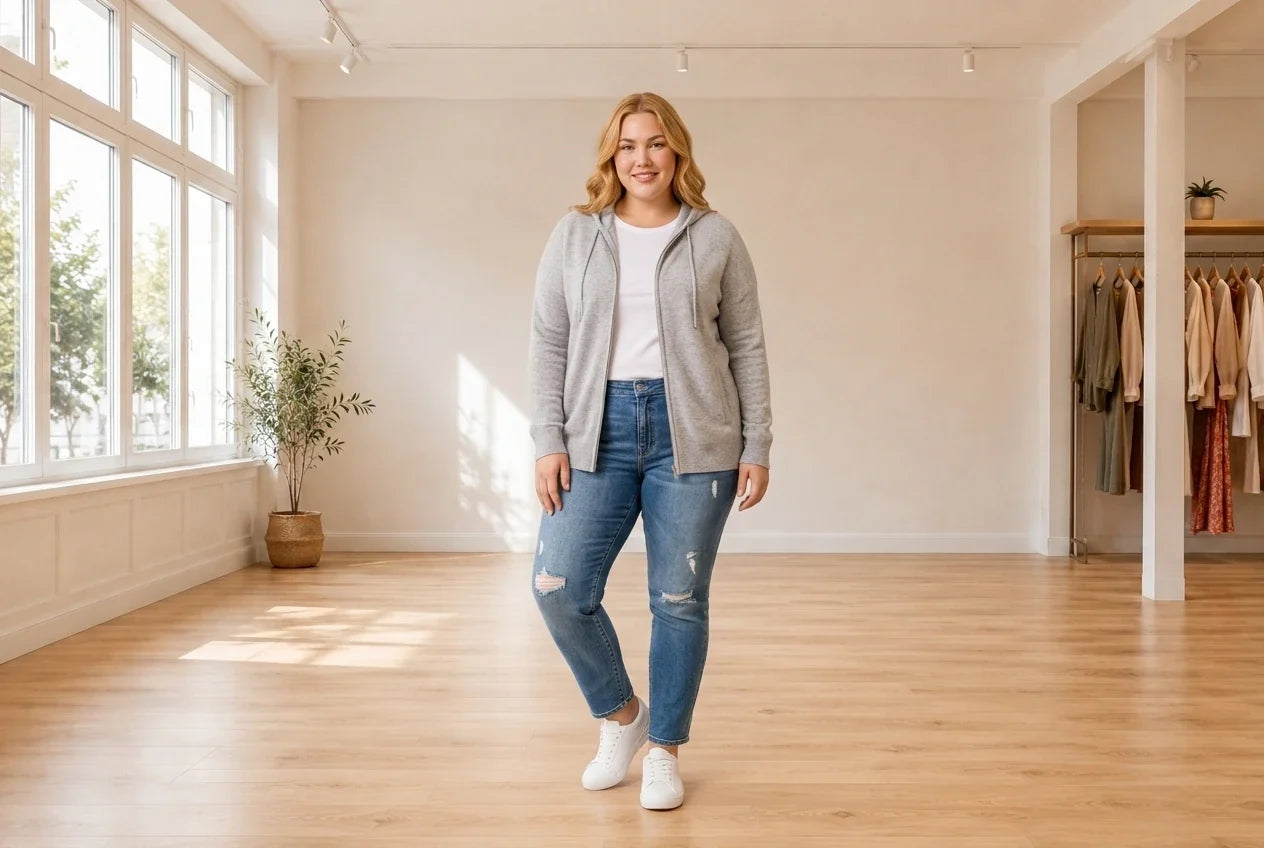 Model wearing Women's Plus 2X Hoodies and Sweatshirts Women's Plus Cashmere Zip-Up Hoodie in Online Warehouse Sale boutique studio