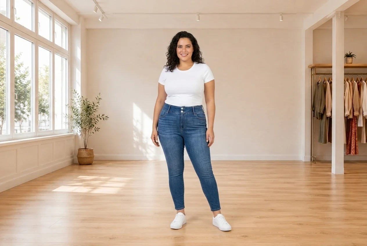 Model wearing Women's Plus 2X Pants Women's Plus Trendy Double-Button Skinny Jeans in Online Warehouse Sale boutique studio