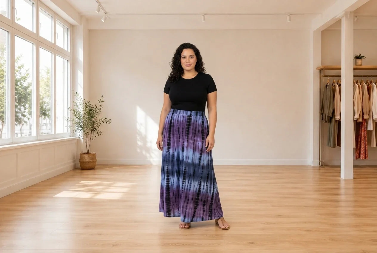 Model wearing Women's Plus 2X Skirts Women's Plus Embroidered Denim Skirt in Online Warehouse Sale boutique studio