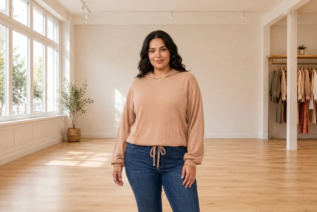 Model wearing Women's Plus 2X Sweaters and Cardigans Women's Plus Trendy Cozy Hoodie Top in Online Warehouse Sale boutique studio