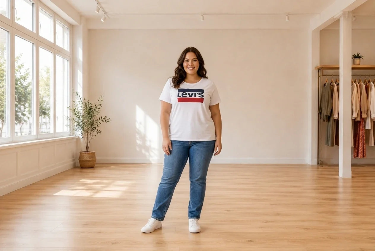 Model wearing Women's Plus 2X T-Shirts Women's Plus Trendy Cotton Logo T-Shirt in Online Warehouse Sale boutique studio
