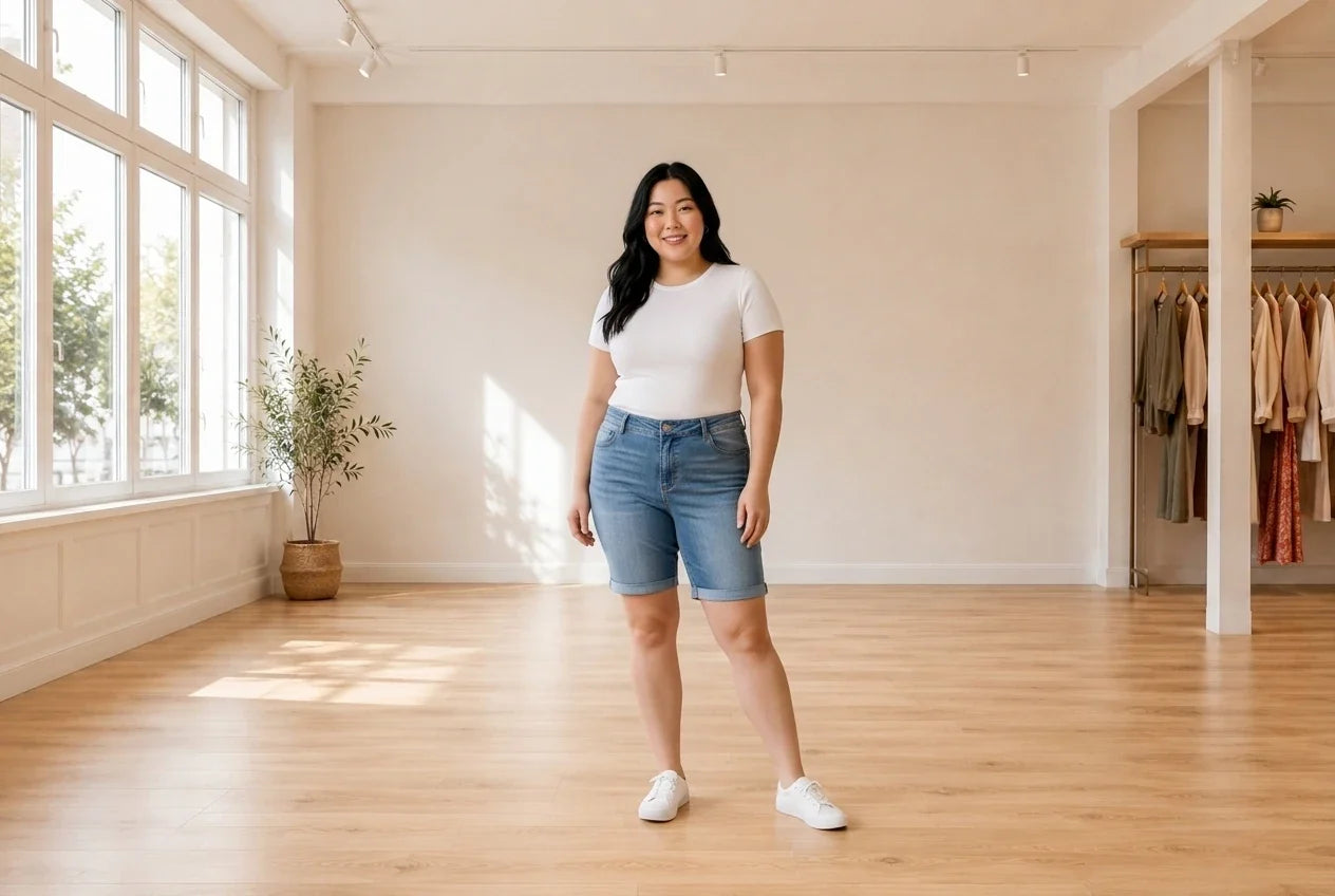 Model wearing Women's Plus 3X Bottoms Women's Plus Trendy Denim Bermuda Shorts in Online Warehouse Sale boutique studio