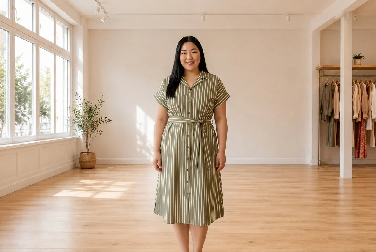 Model wearing Women's Plus 3X Dresses Women's Plus Cotton Striped Camp Shirtdress in Online Warehouse Sale boutique studio