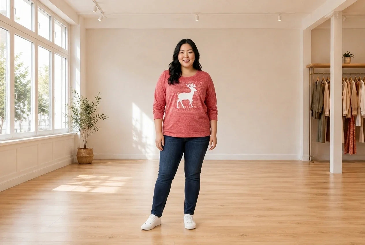 Model wearing Women's Plus 3X Hoodies and Sweatshirts Women's Plus Reindeer Sweatshirt in Online Warehouse Sale boutique studio