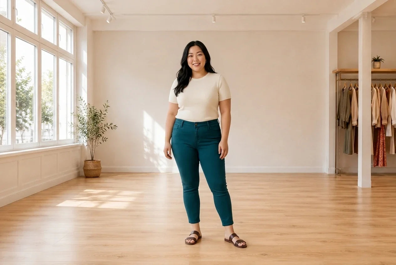 Model wearing Women's Plus 3X Jeans Women's Plus Skinny Ankle Jeans in Online Warehouse Sale boutique studio