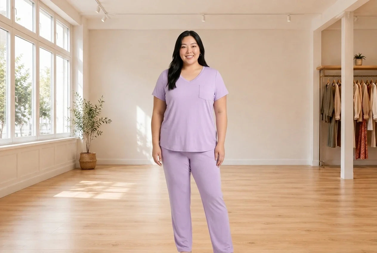 Model wearing Women's Plus 3X Loungewear and Pajamas Women's Plus V-Neckline Pajama Top in Online Warehouse Sale boutique studio