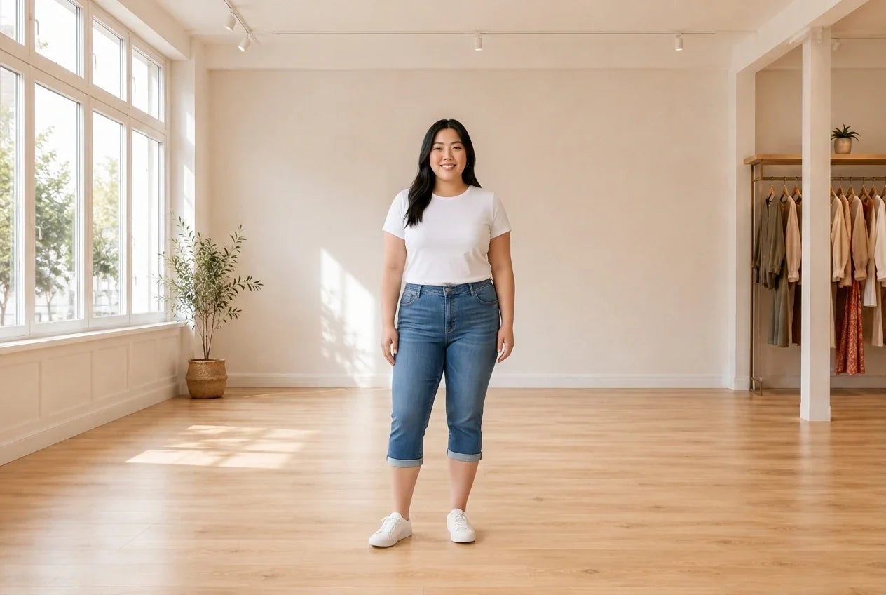 Model wearing Women's Plus 3X Pants Women's Plus Trendy Shaping Capri Jeans in Online Warehouse Sale boutique studio