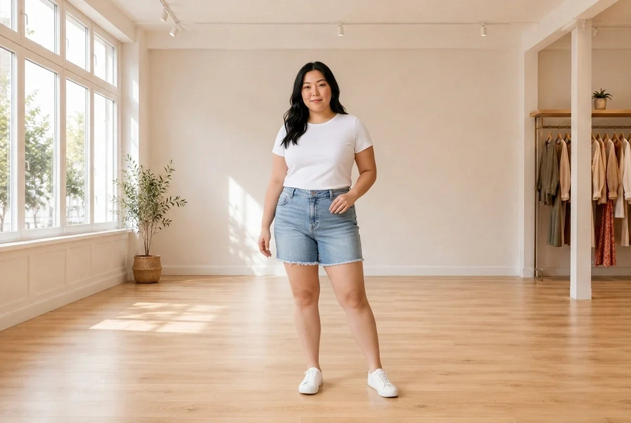 Model wearing Women's Plus 3X Shorts Women's Plus Trendy Frayed High-Rise Denim Shorts in Online Warehouse Sale boutique studio