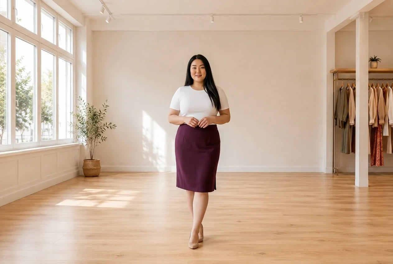 Model wearing Women's Plus 3X Skirts Women's Plus Soft Crepe Pencil Skirt in Online Warehouse Sale boutique studio