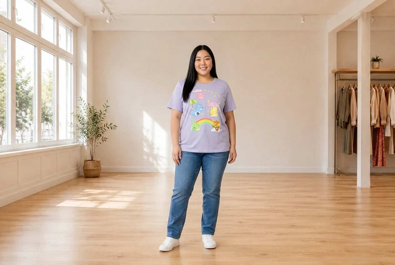 Model wearing Women's Plus 3X T-Shirts Women's Plus Trendy Care Bears Graphic T-Shirt in Online Warehouse Sale boutique studio