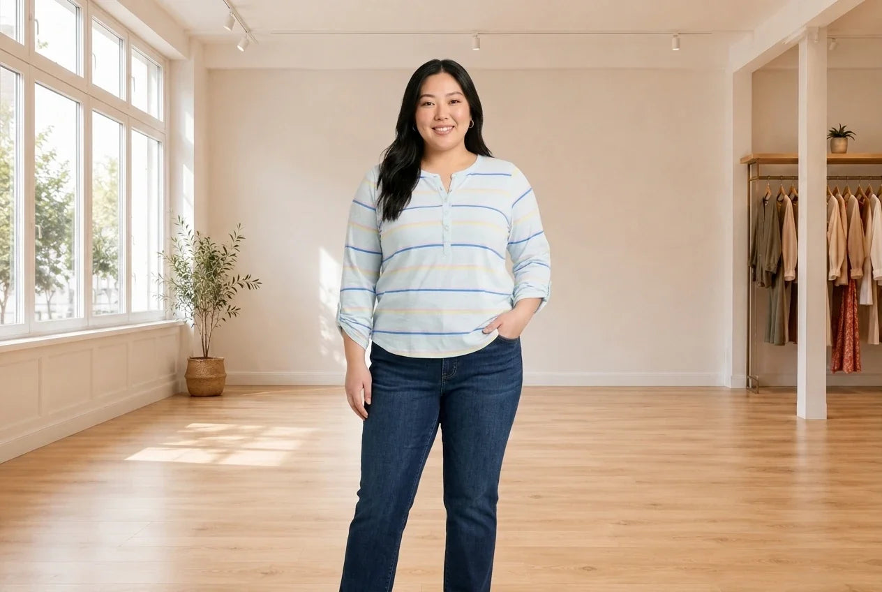 Model wearing Women's Plus 3X Tops Women's Plus Cotton Striped Roll-Tab Top in Online Warehouse Sale boutique studio