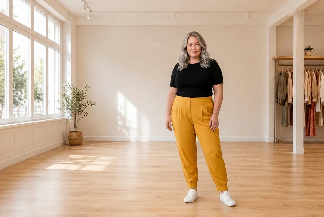 Model wearing Women's Plus 4X Bottoms Women's Plus Pleat-Front Jogger Pants in Online Warehouse Sale boutique studio