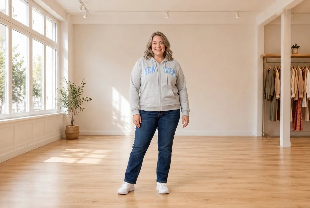 Model wearing Women's Plus 4X Hoodies and Sweatshirts Women's Plus Trendy New York-Print Sweatshirt in Online Warehouse Sale boutique studio