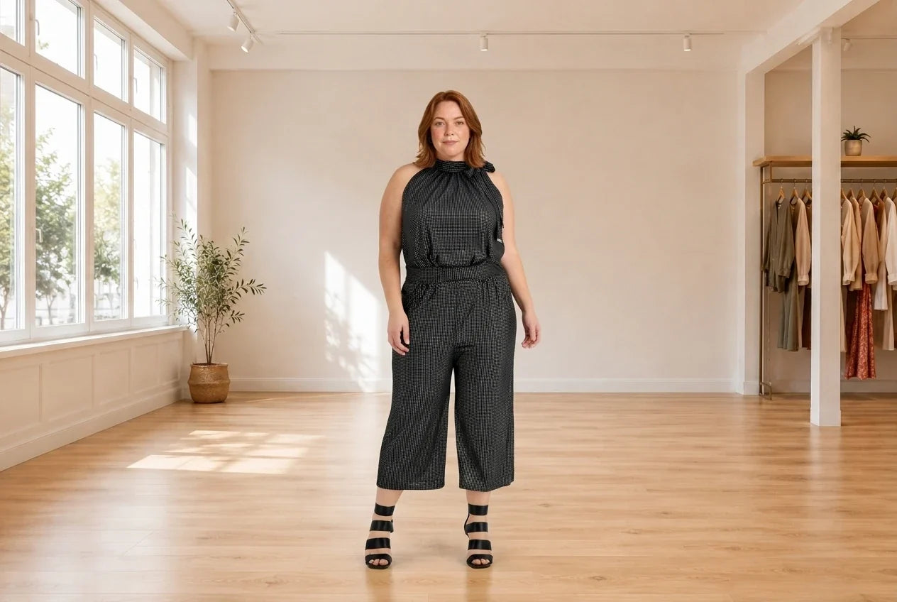 Model wearing Women's Plus 4X Jumpsuits and Rompers Women's Plus Tie-Neck Dot-Print Jumpsuit in Online Warehouse Sale boutique studio