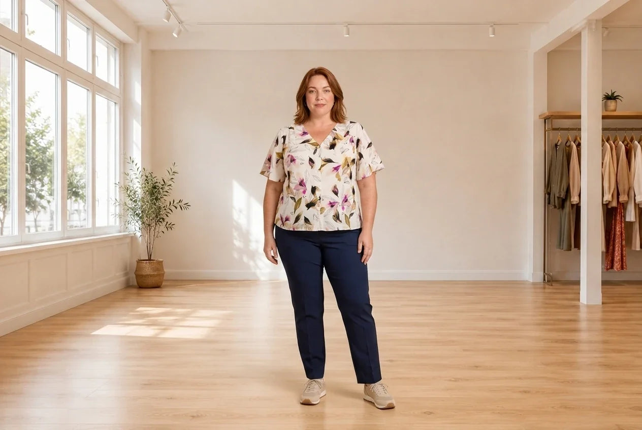 Model wearing Women's Plus 4X Shirts and Blouses Women's Plus Button-Front Flutter-Sleeve Top in Online Warehouse Sale boutique studio