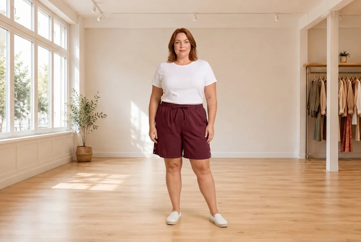 Model wearing Women's Plus 4X Shorts Women's Plus Lisa Cotton Drawstring-Waist Shorts in Online Warehouse Sale boutique studio