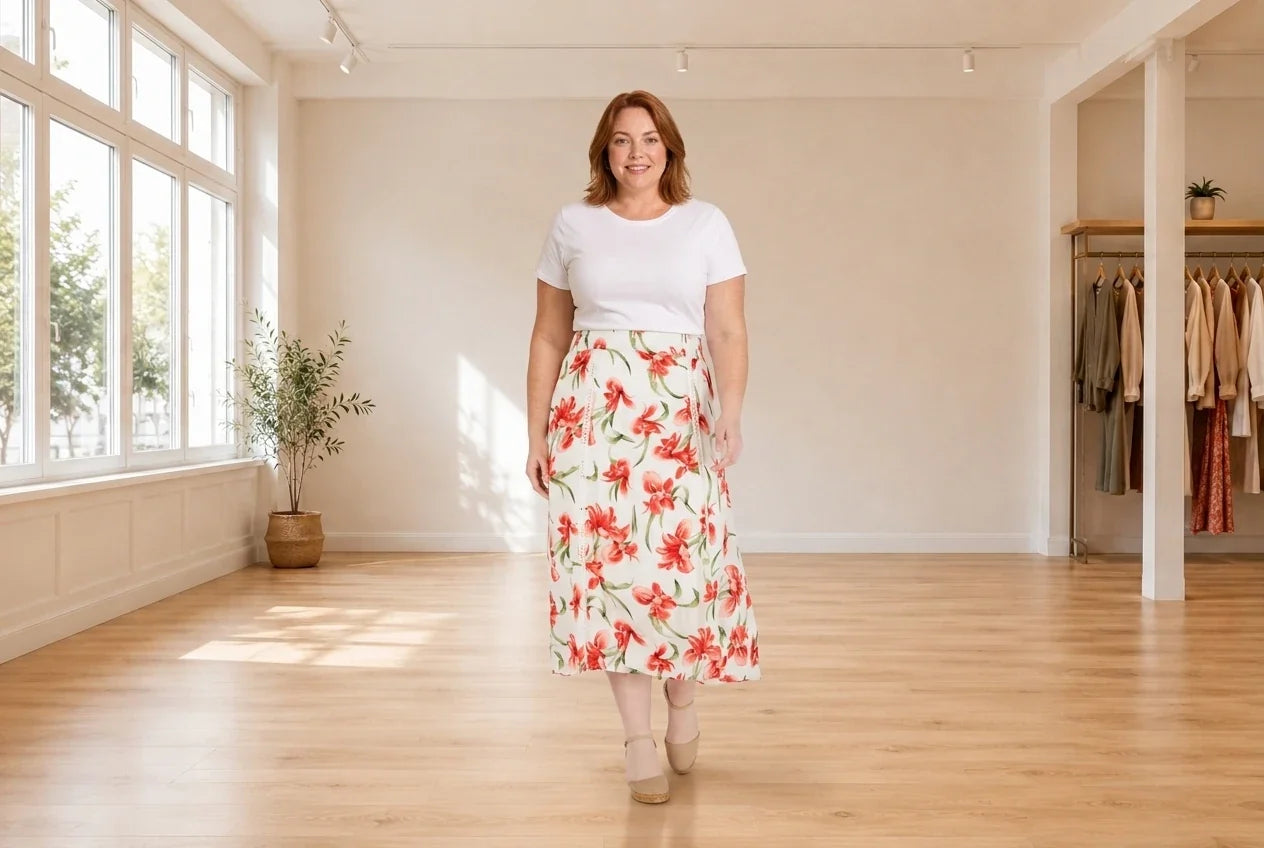Model wearing Women's Plus 4X Skirts Women's Plus Floral-Print A-Line Skirt in Online Warehouse Sale boutique studio