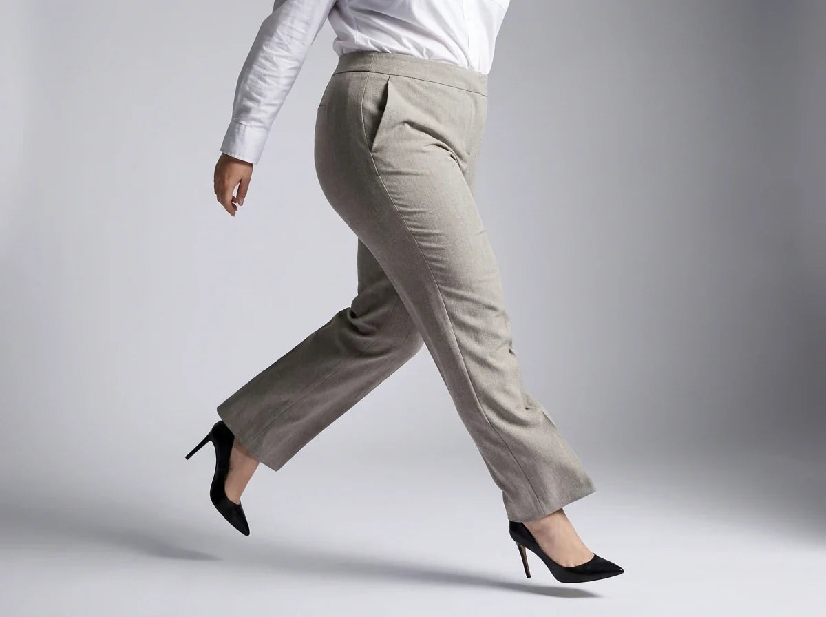 A person wearing light beige straight-leg trousers, a white long-sleeve blouse, and black pointed-toe heels, captured mid-step against a neutral gray studio background.