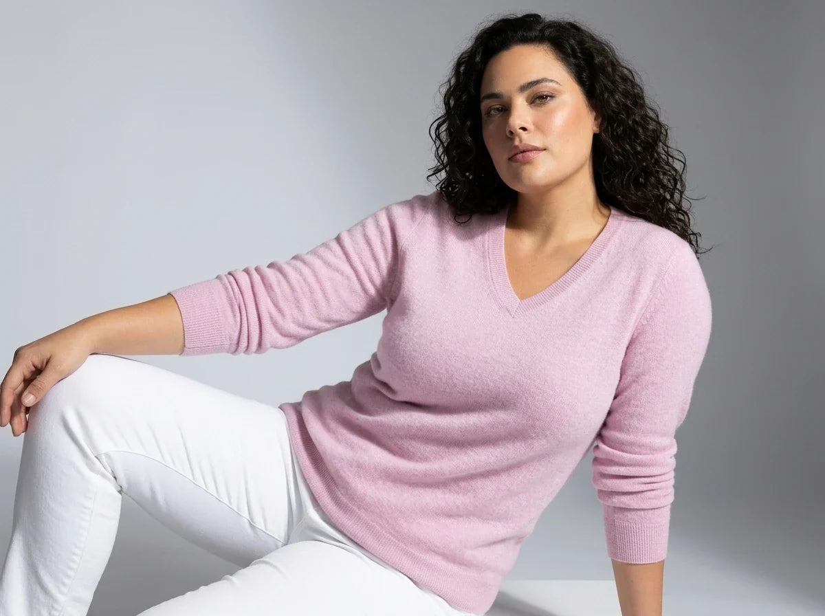 A woman with red hair wearing a light pink long-sleeve V-neck sweater and blue jeans, posing against a neutral light gray background.