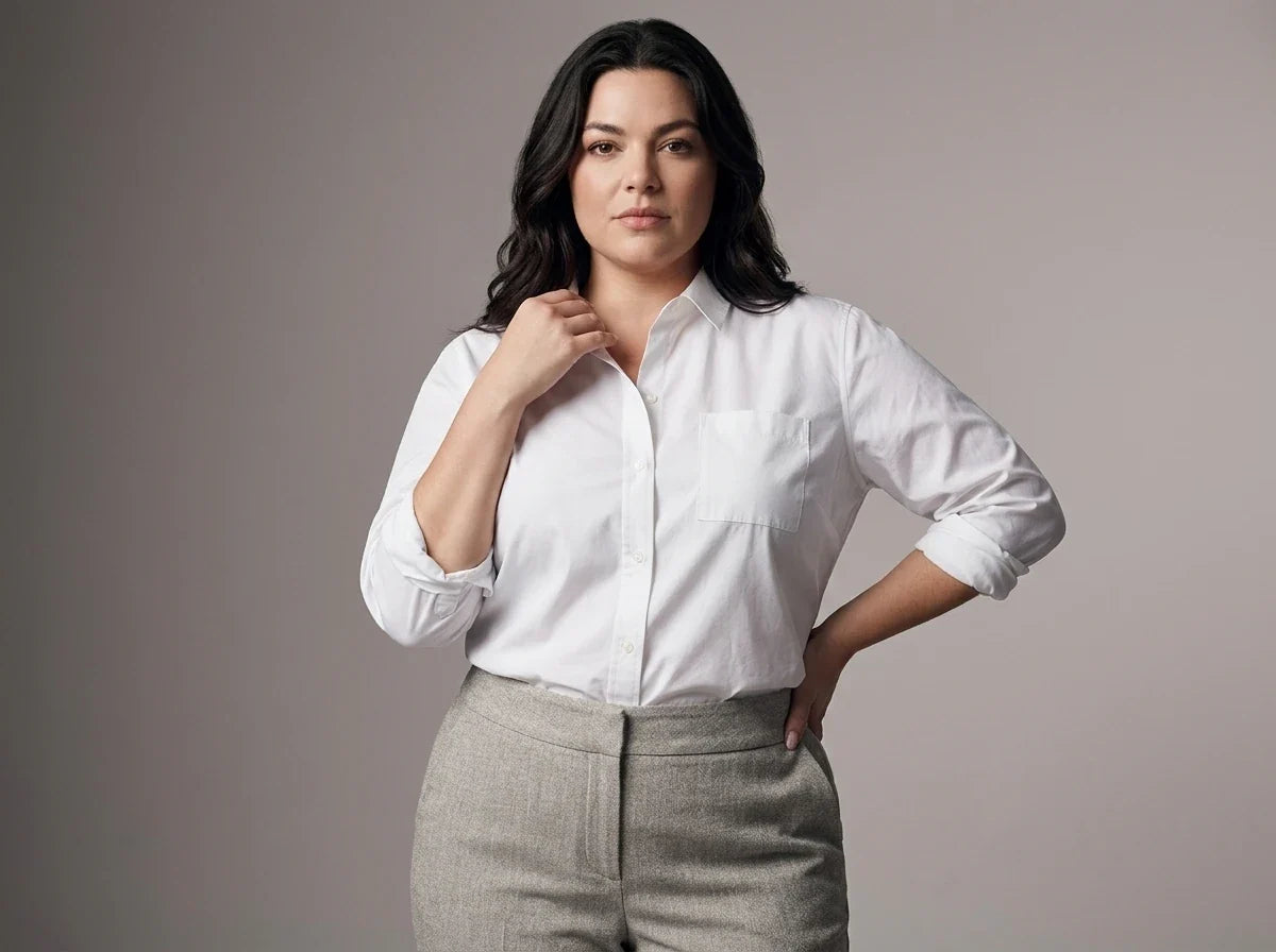 A woman modeling a white long-sleeve button-down shirt with rolled sleeves and a chest pocket, paired with gray trousers, against a solid gray studio background.