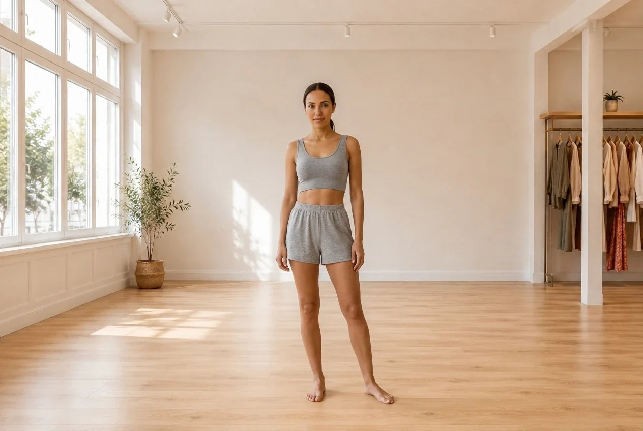Model wearing Women's Small Bras seamless sports bra and matching shorts in Online Warehouse Sale boutique studio
