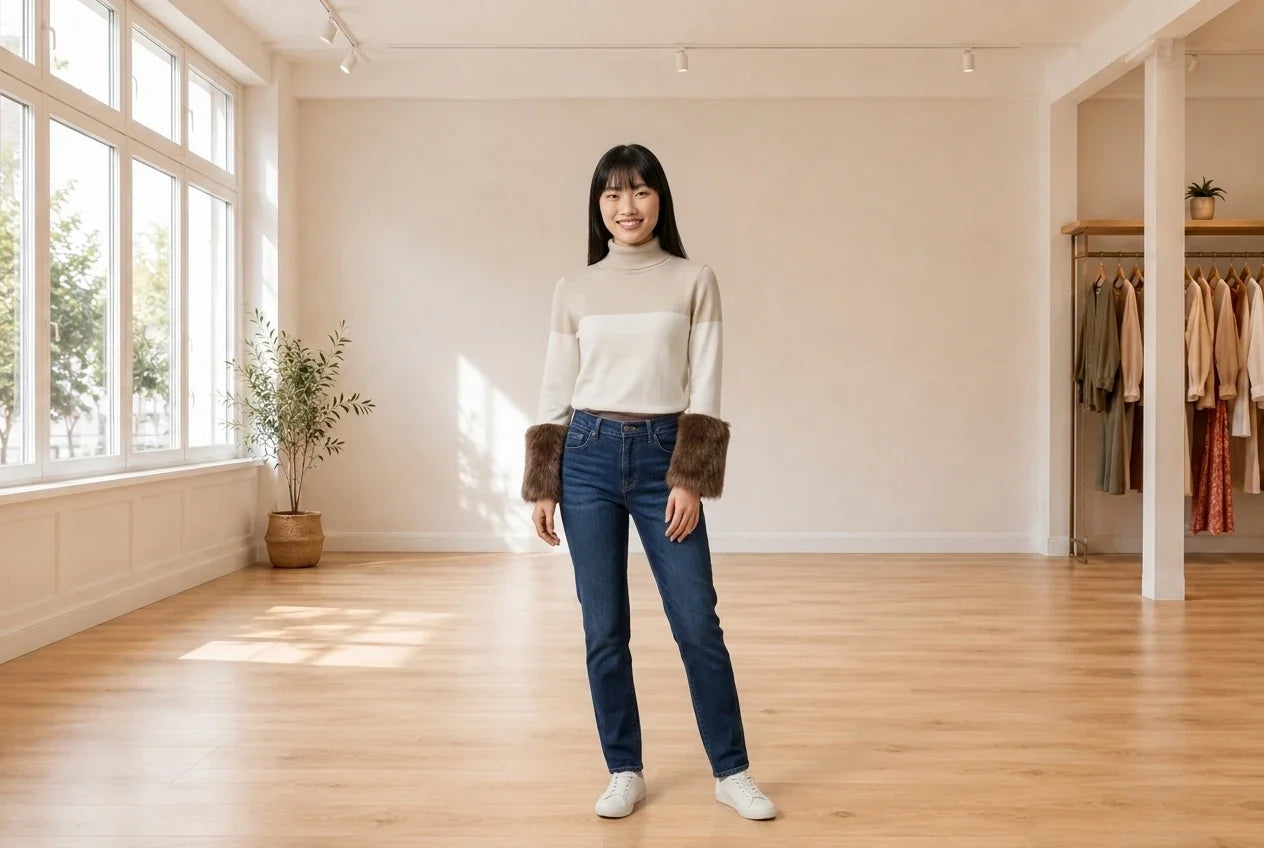 Model wearing Women's Small Cardigans Women's Colorblock Faux Fur Cuff Sweater in Online Warehouse Sale boutique studio