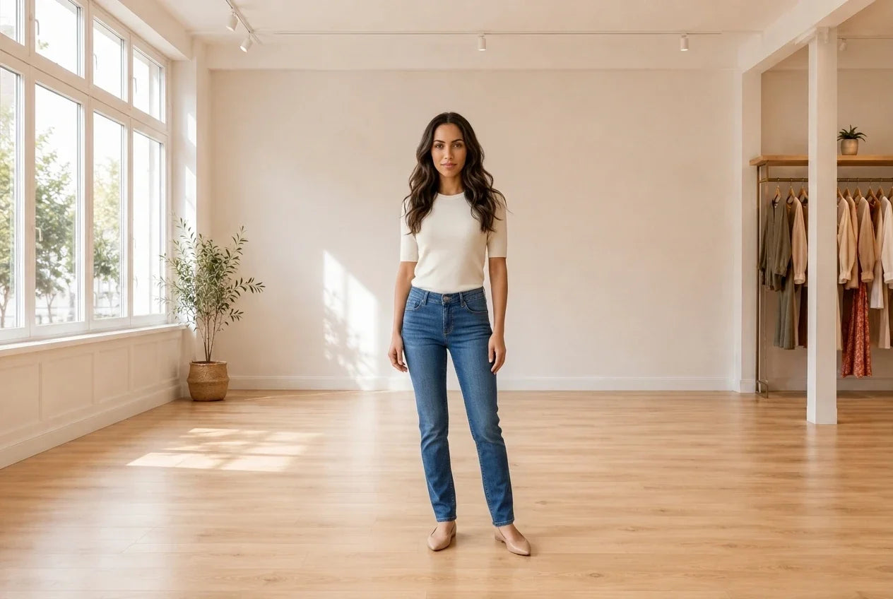 Model wearing Women's Small Jeans Women's Mid-Rise Slim-Leg Jeans in Online Warehouse Sale boutique studio