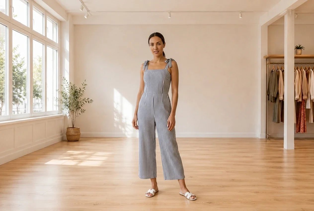 Model wearing Women's Small Jumpsuits and Rompers Women's Striped Tie-Strap Jumpsuit in Online Warehouse Sale boutique studio