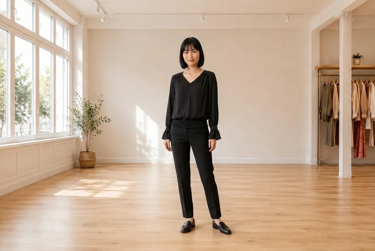 Model wearing Women's Small Shirts and Blouses Women's Smocked-Hem Embellished-Cuff Blouse in Online Warehouse Sale boutique studio