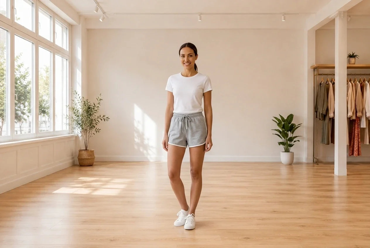 Model wearing Women's Small Shorts Women's Cotton Dolphin-Hem Drawstring Shorts in Online Warehouse Sale boutique studio
