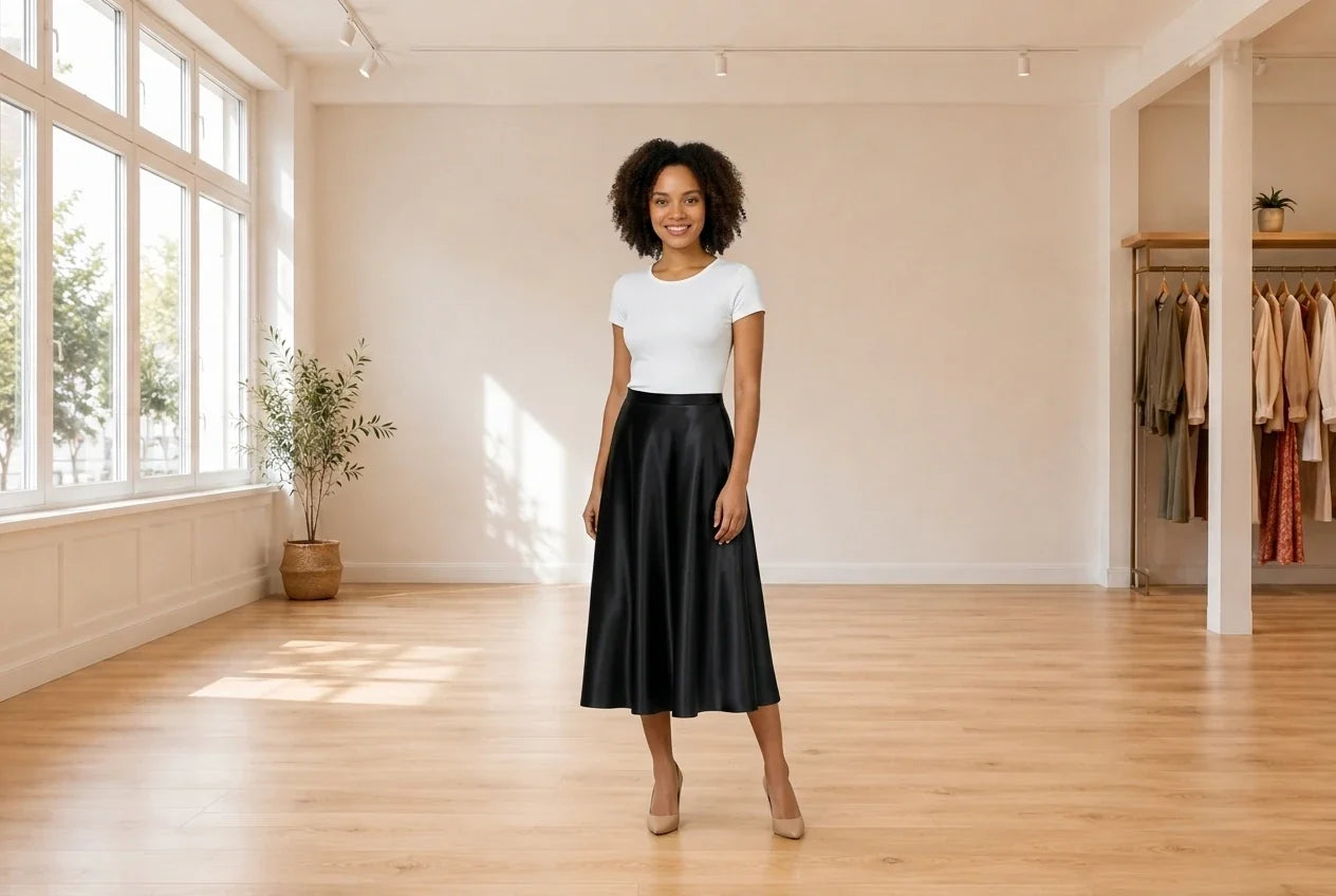 Model wearing Women's Small Skirts Women's Satin Midi Skirt in Online Warehouse Sale boutique studio