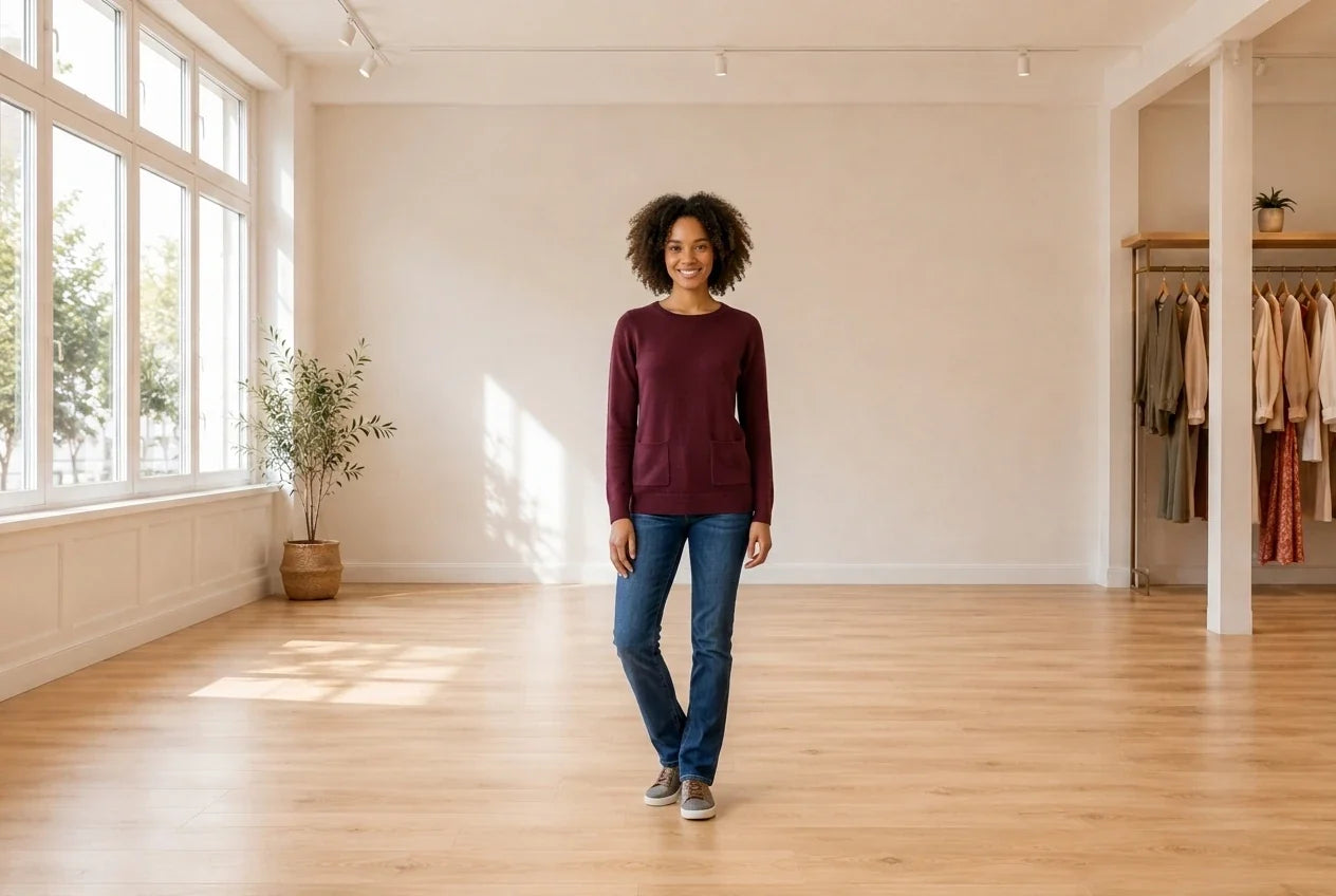 Model wearing Women's Small Sweaters and Cardigans Women's Patch-Pocket Sweater in Online Warehouse Sale boutique studio