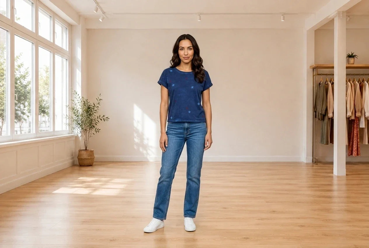 Model wearing Women's Small T-Shirts cotton crewneck tee in Online Warehouse Sale boutique studio