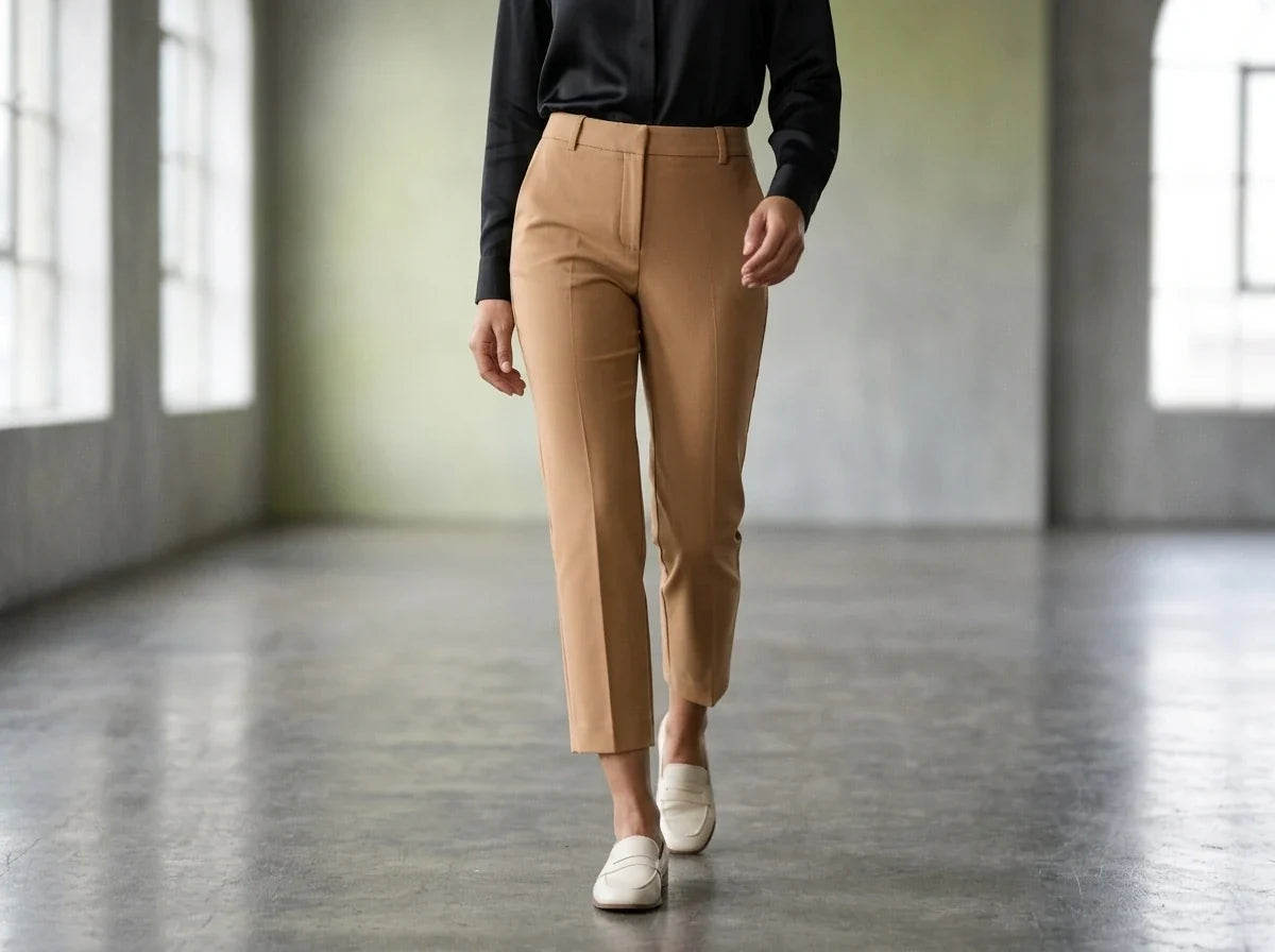 A person walking in a spacious industrial loft wearing high-waisted, straight-leg cropped trousers in camel tan, paired with a black long-sleeve top and white slip-on shoes.
