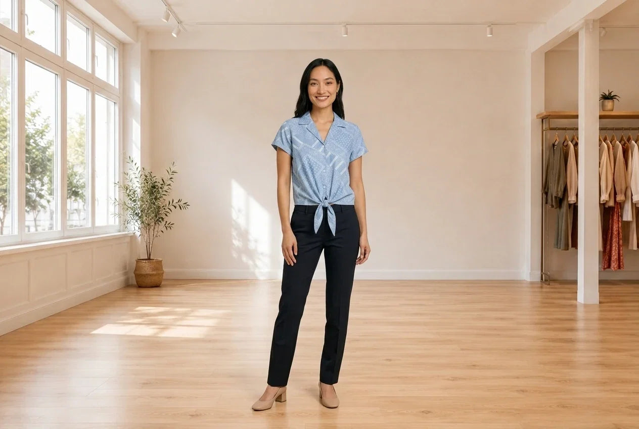 Model wearing Women's X-Large Blouses Women's Printed Button-Front Tie-Hem Top in Online Warehouse Sale boutique studio