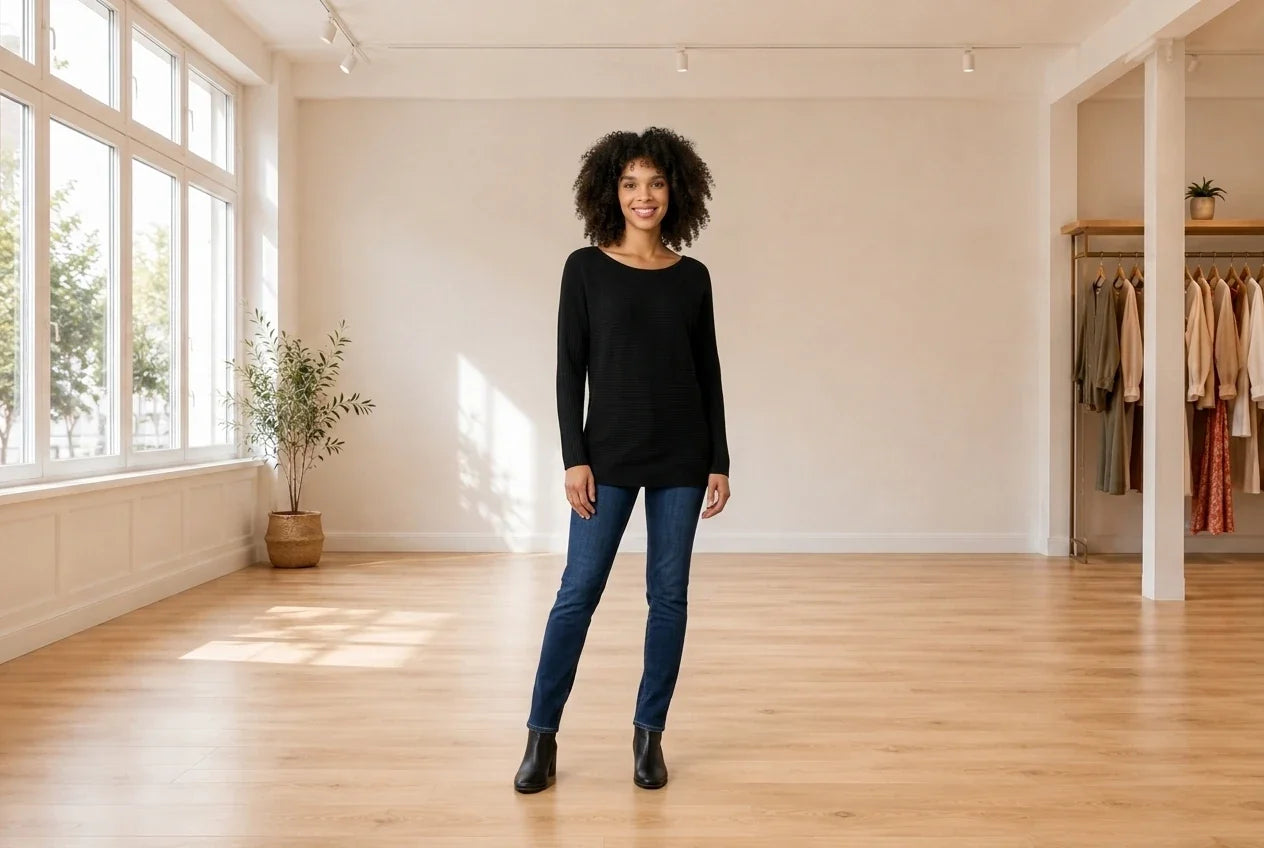 Model wearing Women's X-Large Cardigans Women's Crisscross-Back Tunic Sweater in Online Warehouse Sale boutique studio
