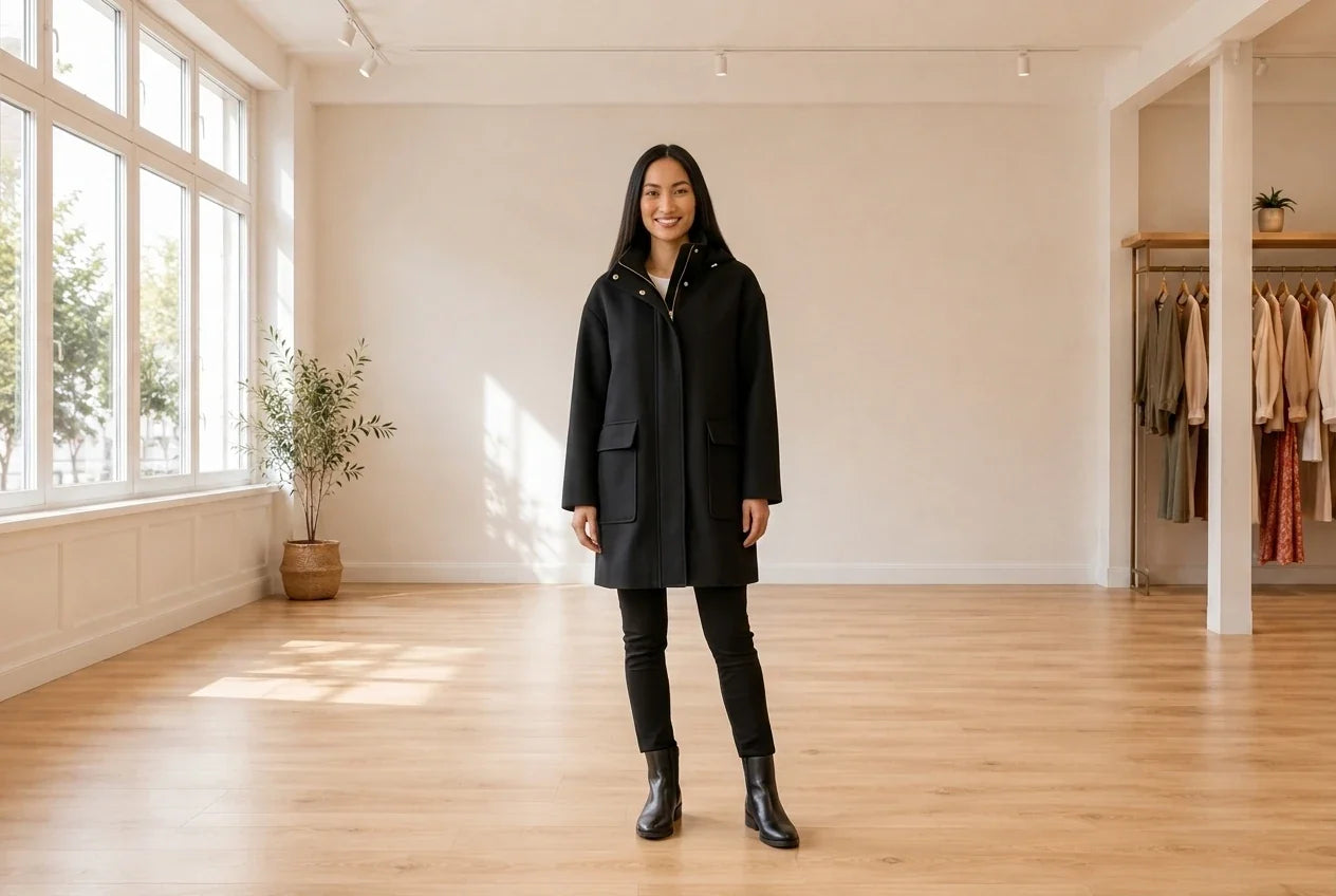 Model wearing Women's X-Large Coats, Jackets and Blazers Women's Oversized Stadium Coat in Online Warehouse Sale boutique studio