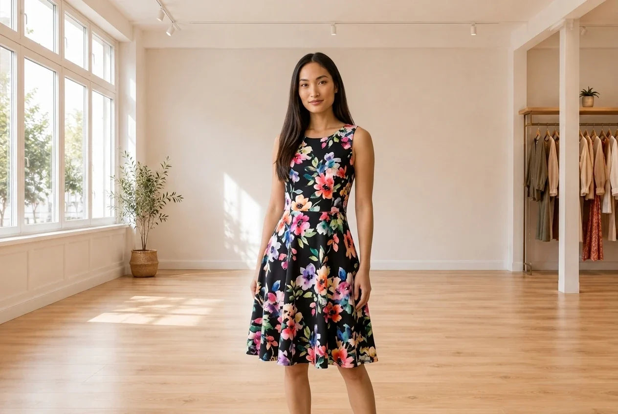 Model wearing Women's X-Large Dresses Women's Ponté-Knit Fit & Flare Dress in Online Warehouse Sale boutique studio